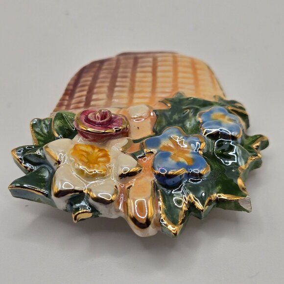 VTG Brooch Handpainted Ceramic Floral Basket Cottage Granny Core Boho Summer Pin - Picture 11 of 15